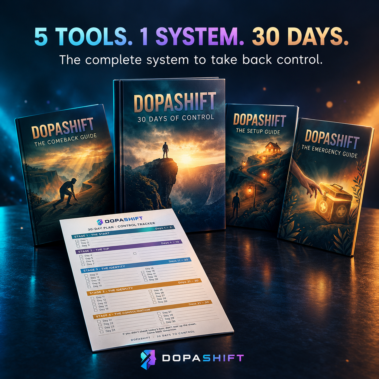 DOPASHIFT digital bundle: 30 Days of Control, The Comeback Guide, The Setup Guide, The Emergency Guide, and a 30-day control tracker
